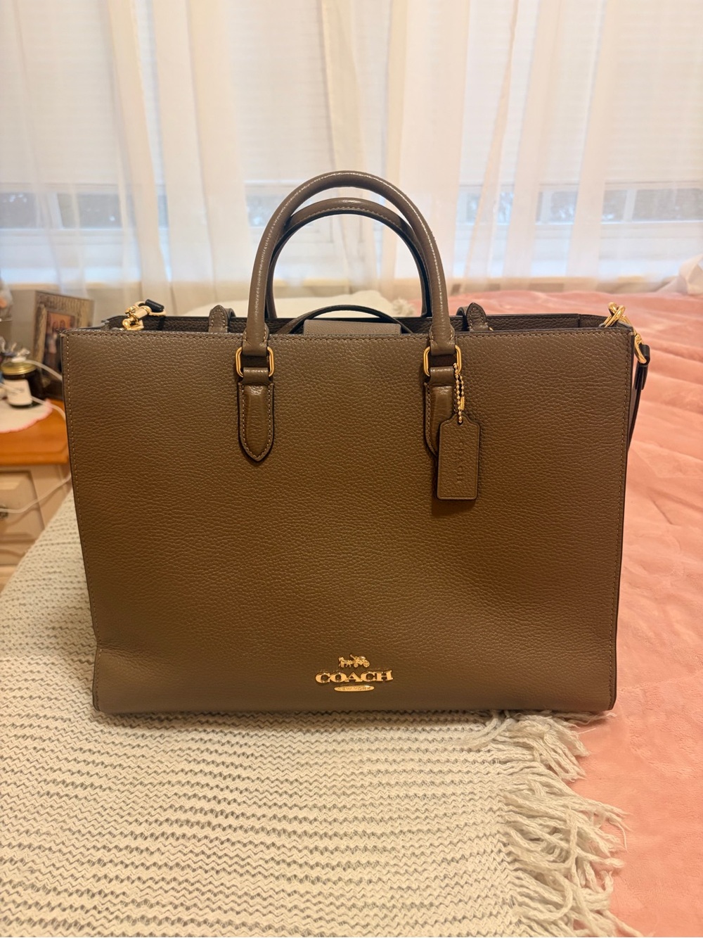 Coach Taupe Pebbled Leather Work Tote with Gold Hardware